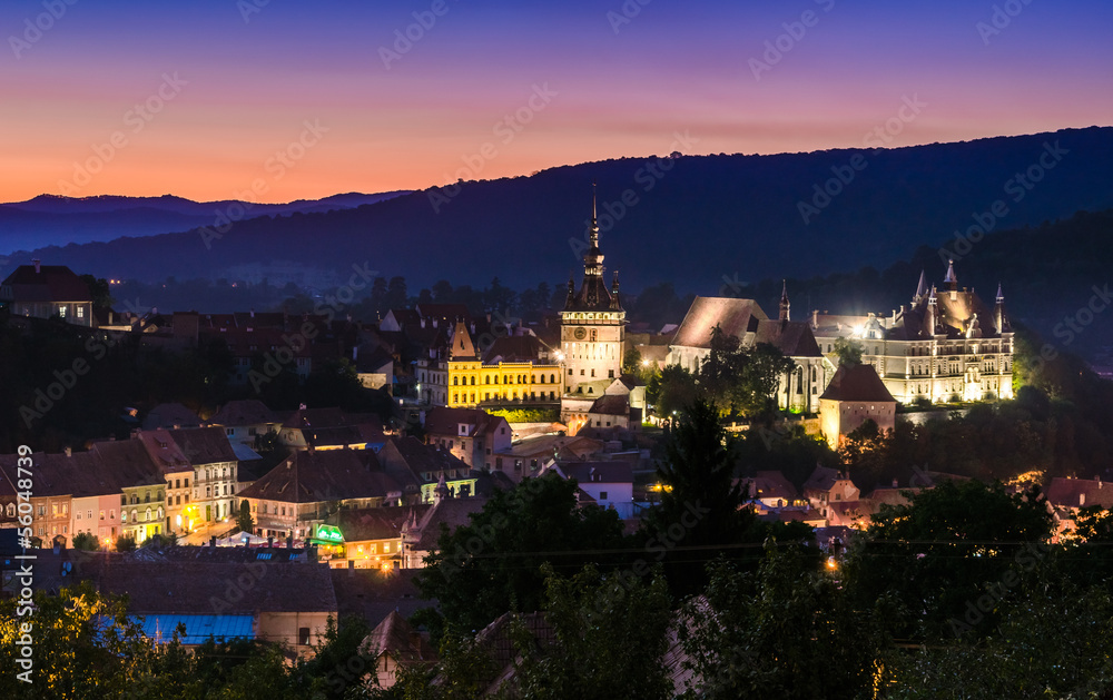 Night view of Sighisoara, Romania after the sunset