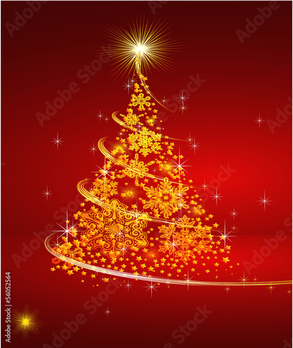 Shining Christmas tree with golden sparkles. Vector.