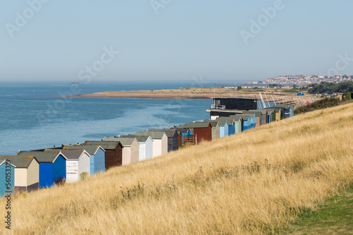 Beach huts along the coast in Kent
