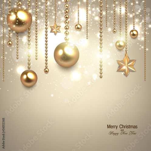 Elegant christmas background with golden baubles and stars. Vect