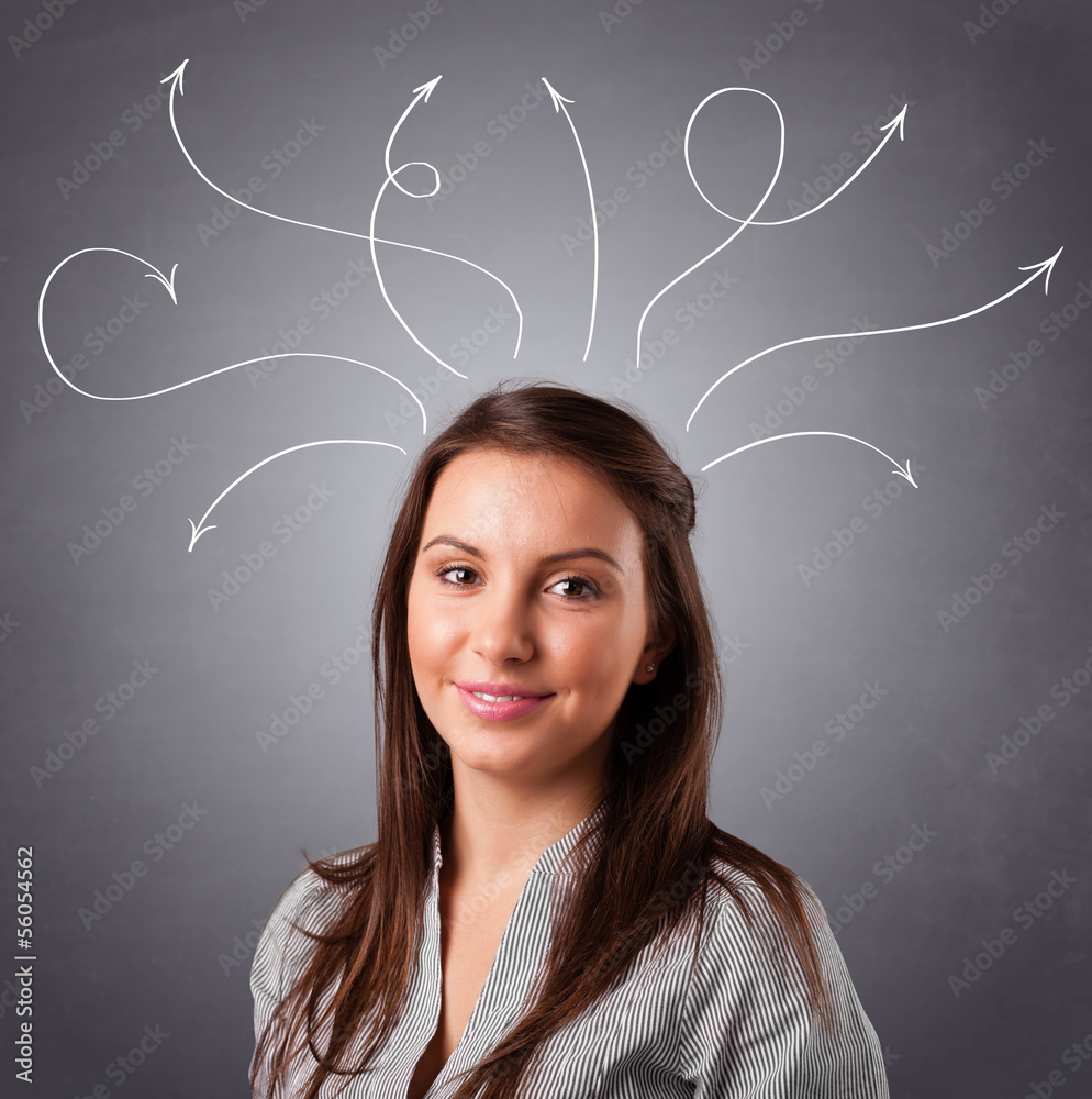 Young girl thinking with arrows overhead