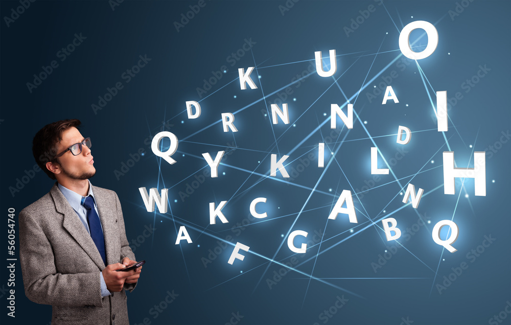 Young man typing on smartphone with high tech 3d letters comming Young man typing on smartphone with high tech 3d letters comming