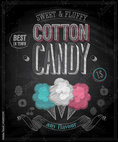 Vintage Cotton Candy Poster - Chalkboard. Vector illustration.