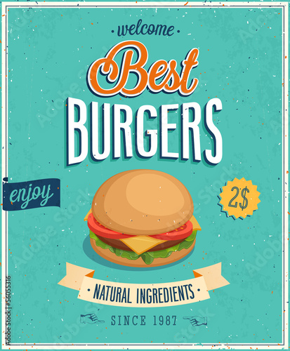 Plakat Plakat Vintage Burgers. Ilustracji wektorowych.