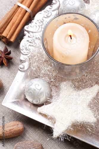 Elegant christmas decorations with spices, still life