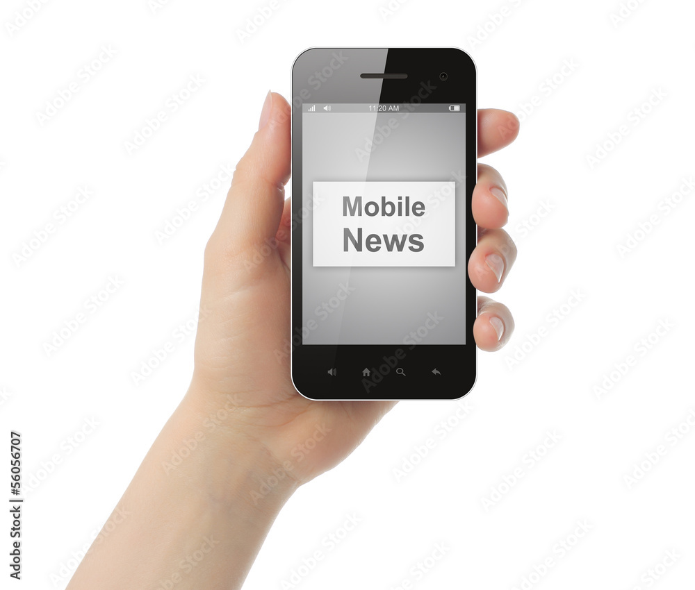 Hand holds smart phone with mobile news button on its screen Hand holds smart phone with mobile news button on its screen