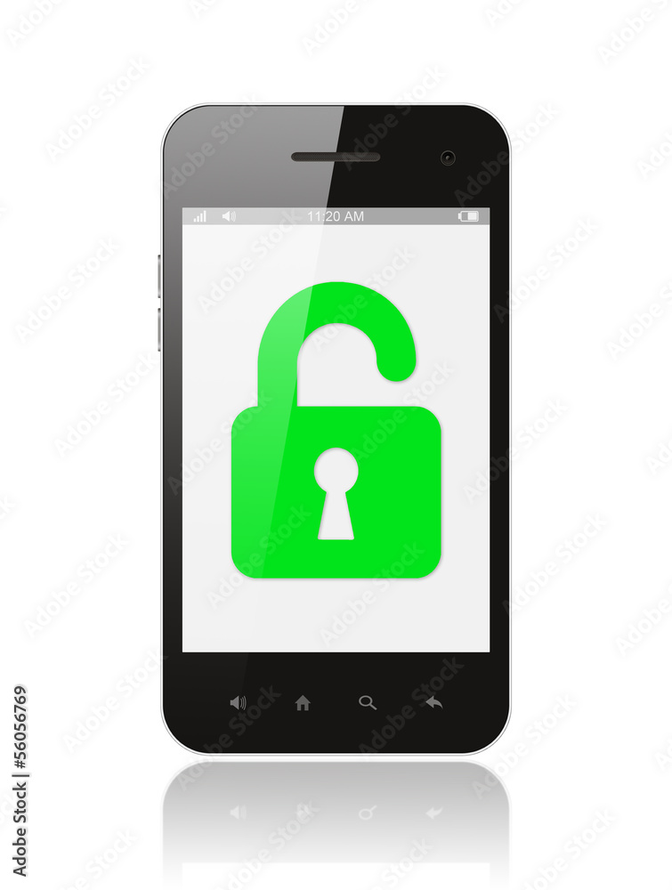 Smart phone with open lock on white background Smart phone with open lock on white background
