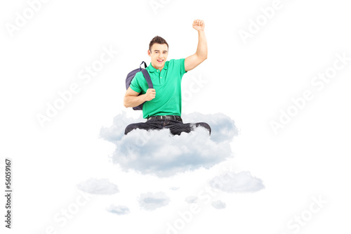 Happy male student sitting on a cloud with raised hand gesturing