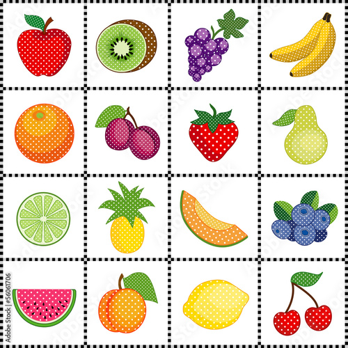 Fruit Tiles, Polka Dots, gingham check grid, apple, orange, lime