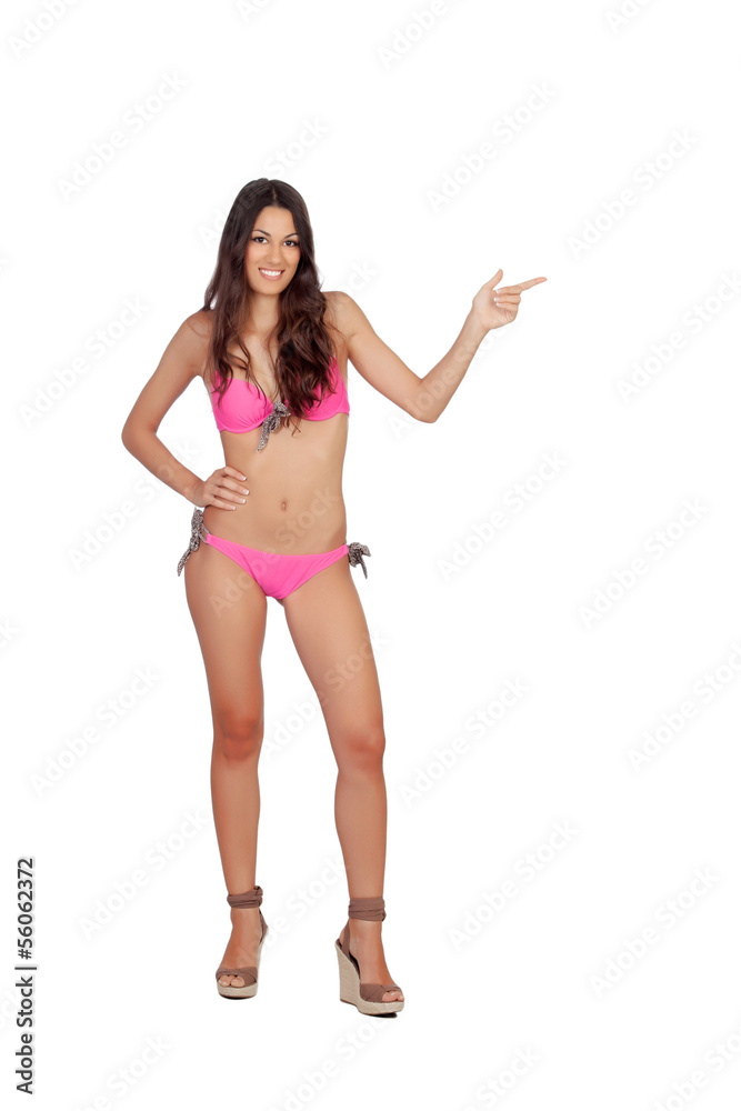 Attractive woman with pink swimwear indicating something Attractive woman with pink swimwear indicating something