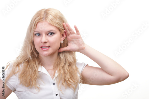Cuadro en lienzo woman eavesdropping with hand behind her ear