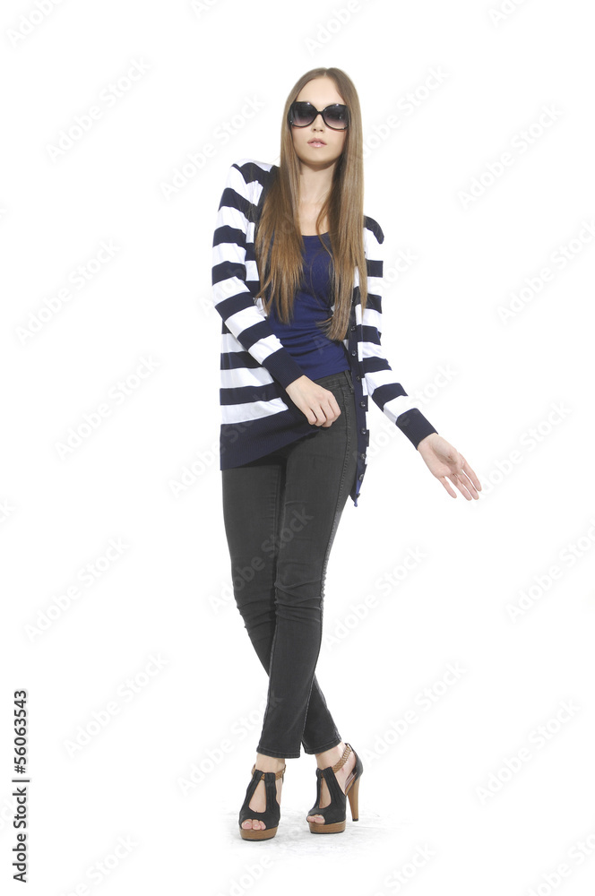 young woman in stripy shirt with sunglasses posing at studio young woman in stripy shirt with sunglasses posing at studio