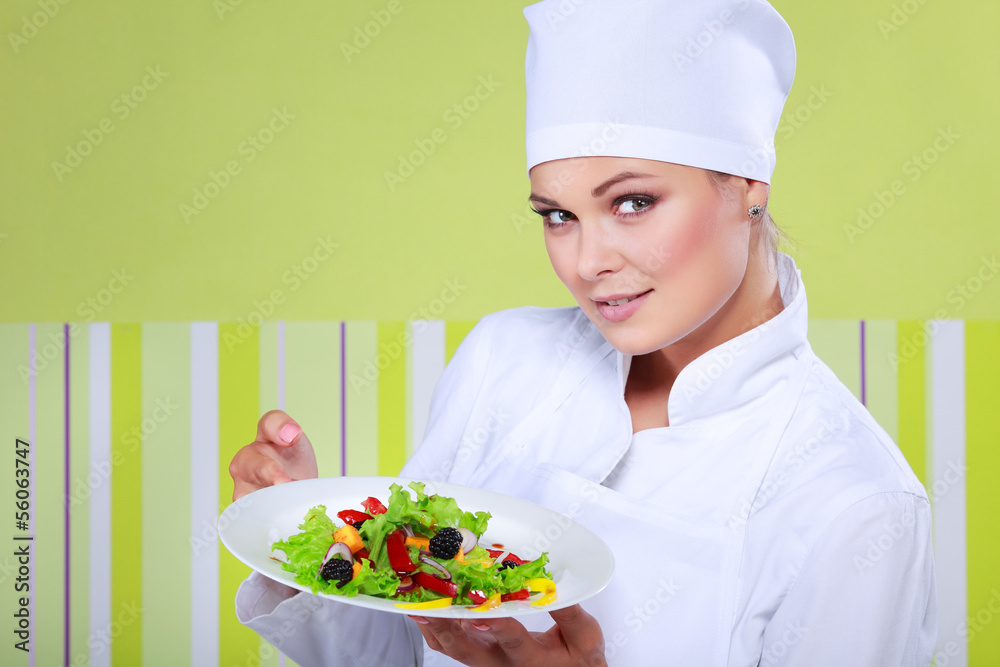 young chef woman prepare and decorating tasty food in kitchen young chef woman prepare and decorating tasty food in kitchen