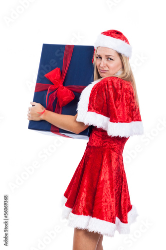 Greedy Christmas woman with big present