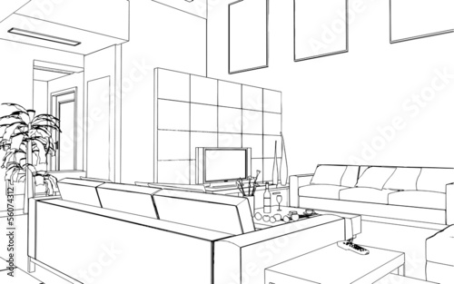  illustration of an outline sketch of a interior. 3D Graphical d
