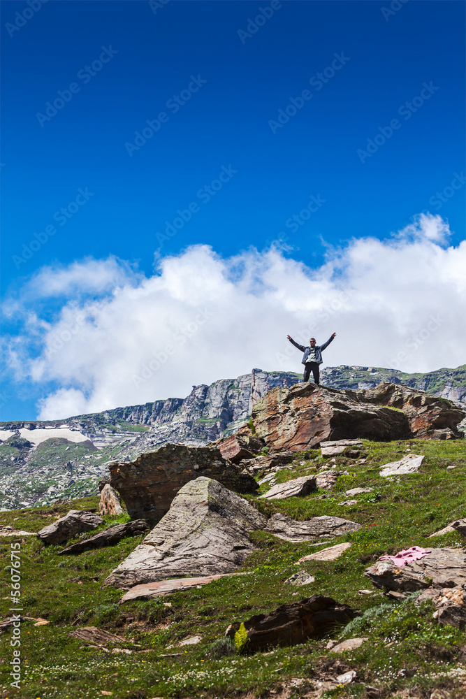 Fototapeta premium Happy tourist in mountains