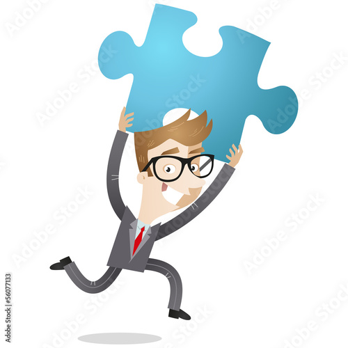 Businessman, jigsaw puzzle, smiling, running, solution