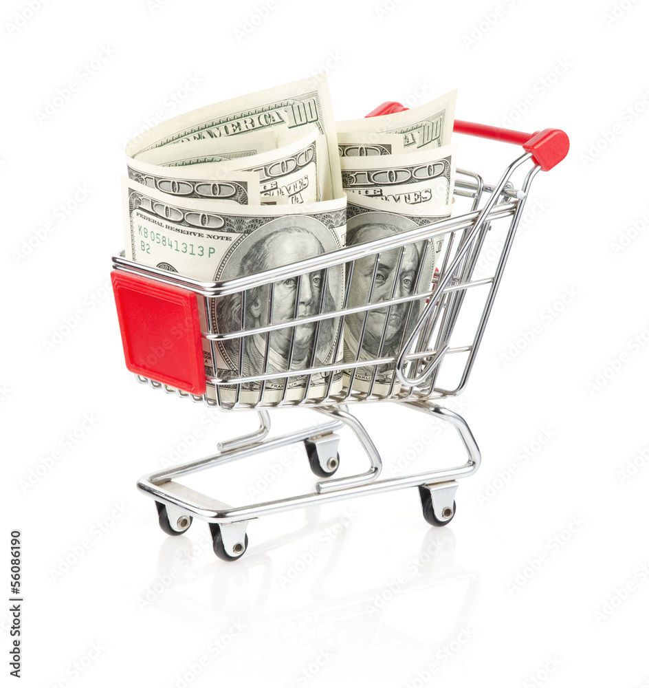 Dollars in Shopping Cart Isolated On White Background