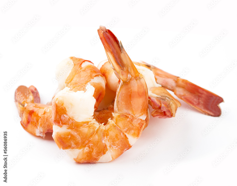 Two cooked unshelled tiger shrimps isolated on white Two cooked unshelled tiger shrimps isolated on white