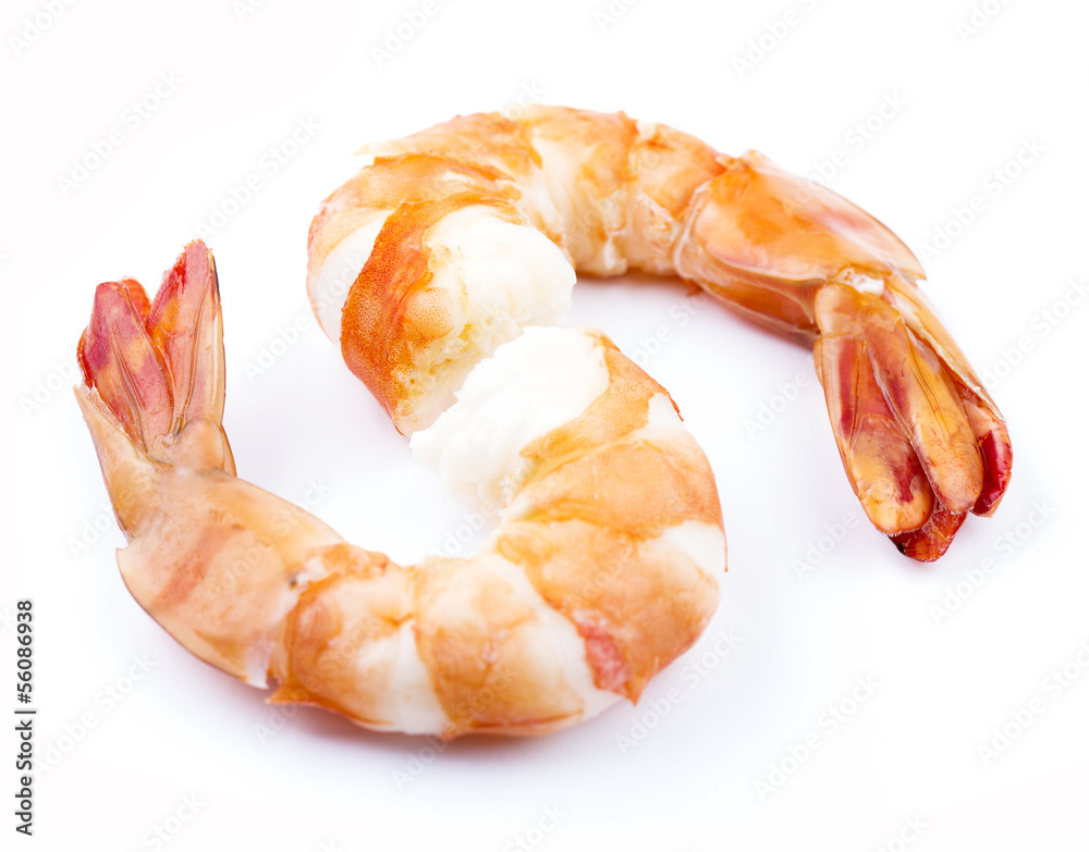 Cooked unshelled tiger shrimps isolated on white