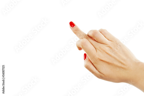 Middle finger Sign by female hand on white background