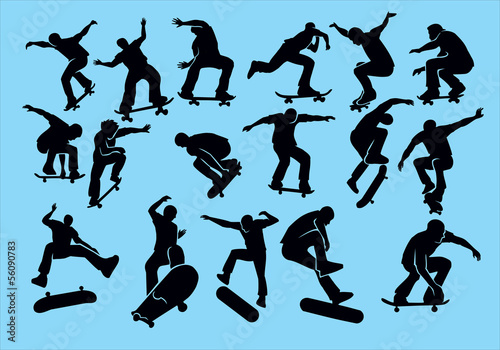 Skateboard on a blue background. Silhouette of extreme sports