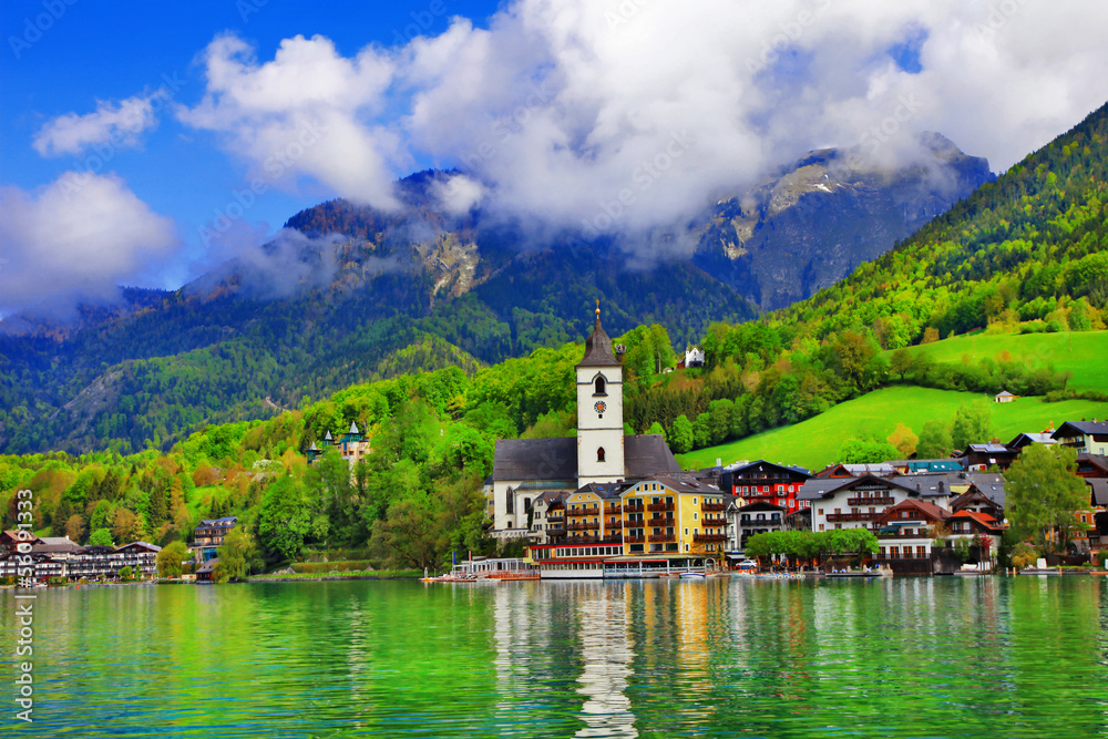 St. Wolfgang lake - beautiful Alpine lake in Austria - obrazy, fototapety, plakaty 