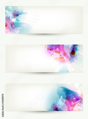 set of three banners, abstract headers with blue and pink blots