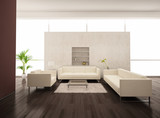 Modern puristic light living room with white furniture
