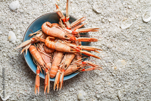 Fresh scampi served on the beach in a blue bowl photo