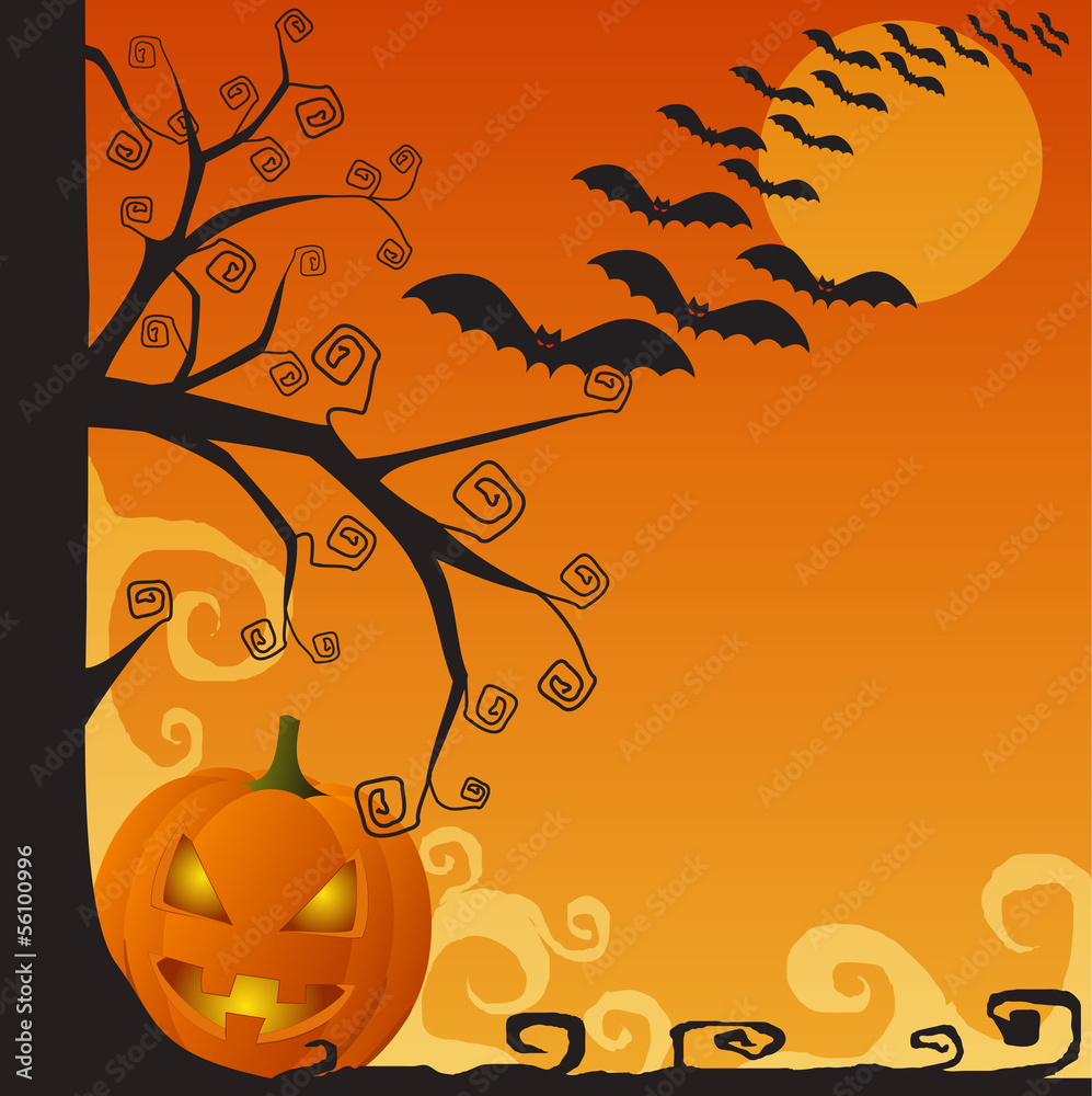 Creepy Halloween scene with pumpkin and bats