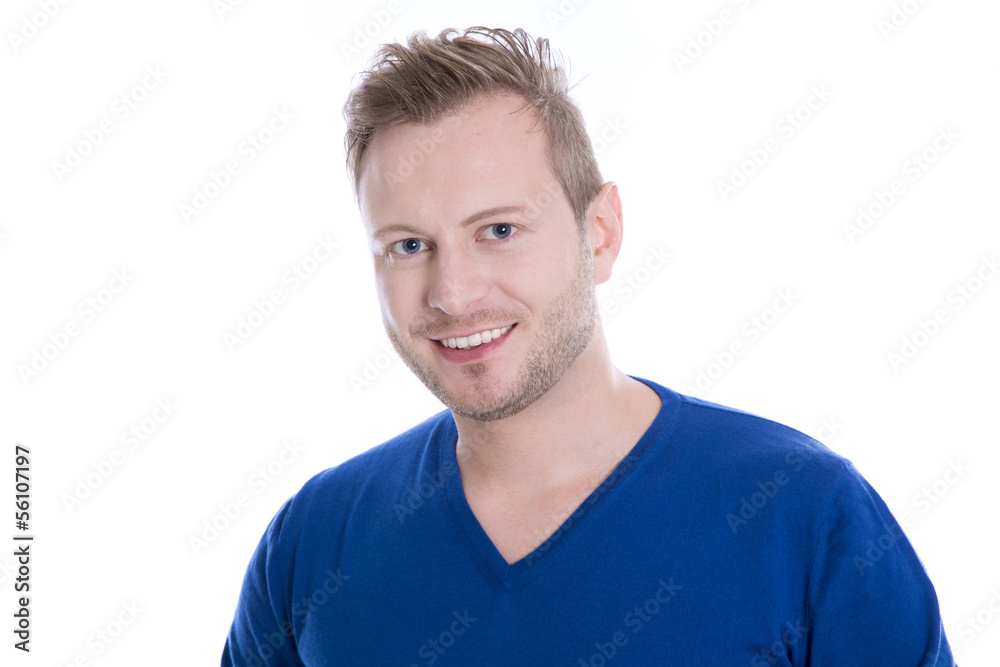 Gesicht blonder Mann - blaue Augen blauer Pulli isoliert Gesicht blonder Mann - blaue Augen blauer Pulli isoliert