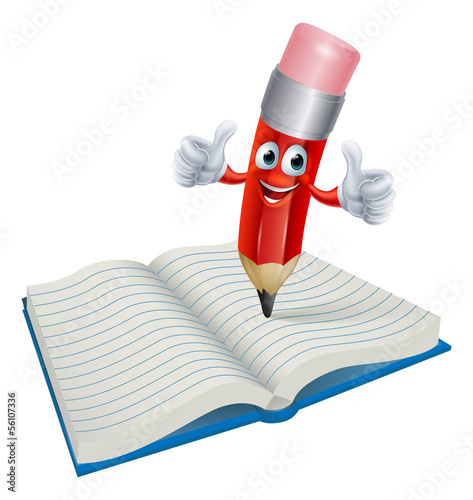 Cartoon Pencil Man Writing in Book