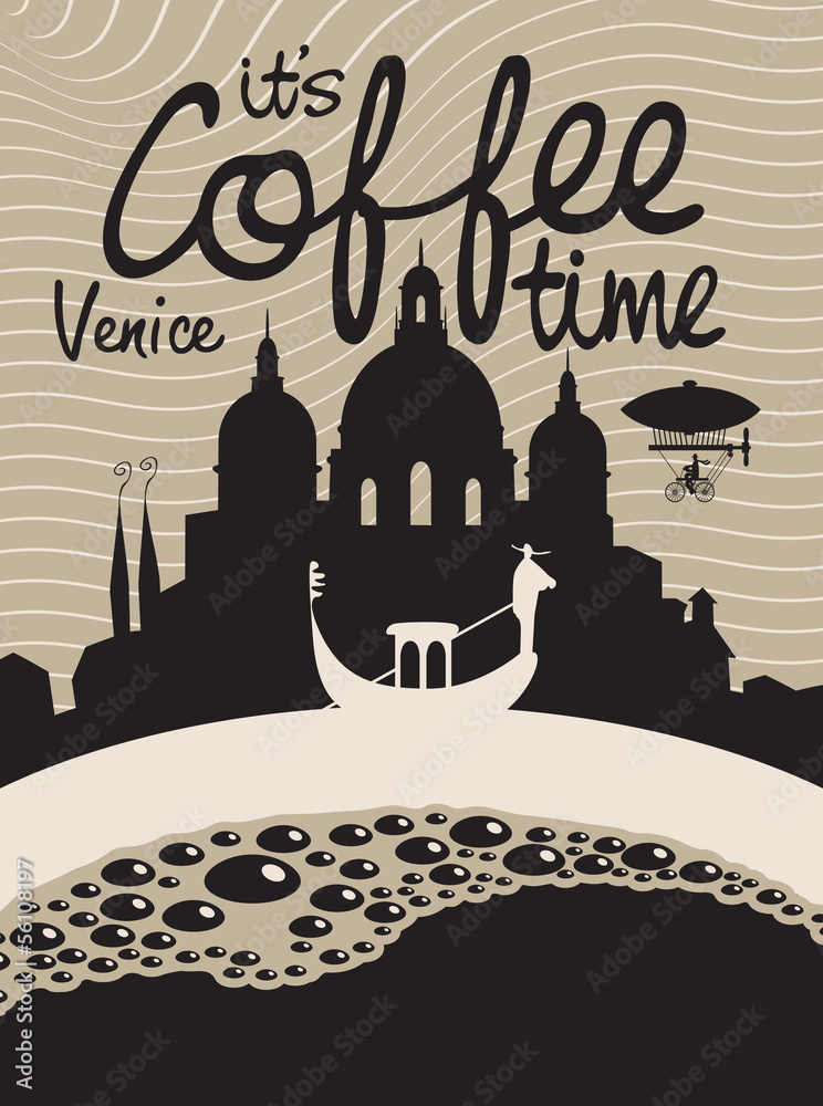 Vector picture with coffee cup on the background of Venice - obrazy, fototapety, plakaty 