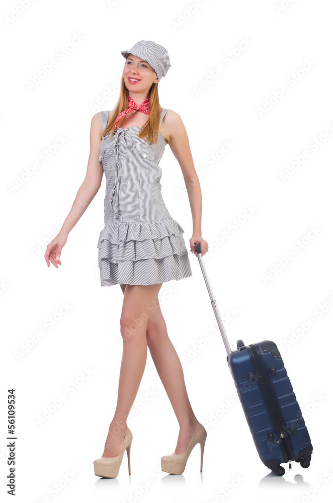 Young woman with suitcase on white Young woman with suitcase on white