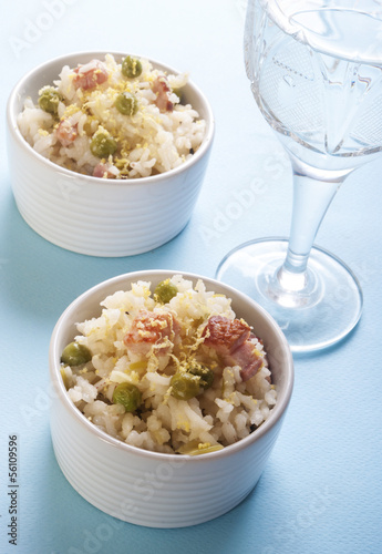 lemon rice with bacon and peas in a cup