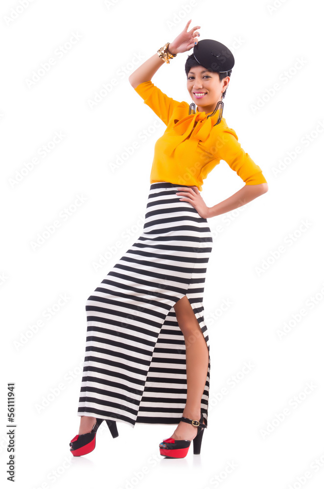Model wearing fashionable clothing on white Model wearing fashionable clothing on white
