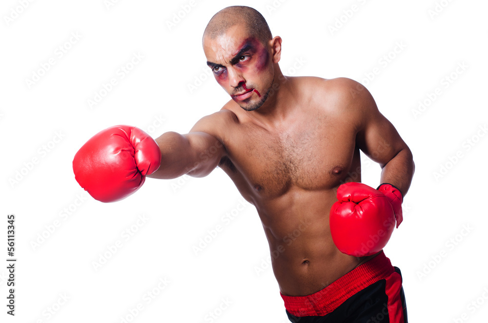 Badly beaten boxer isolated on white