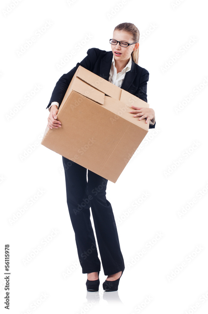 Woman businesswoman with boxes on white Woman businesswoman with boxes on white
