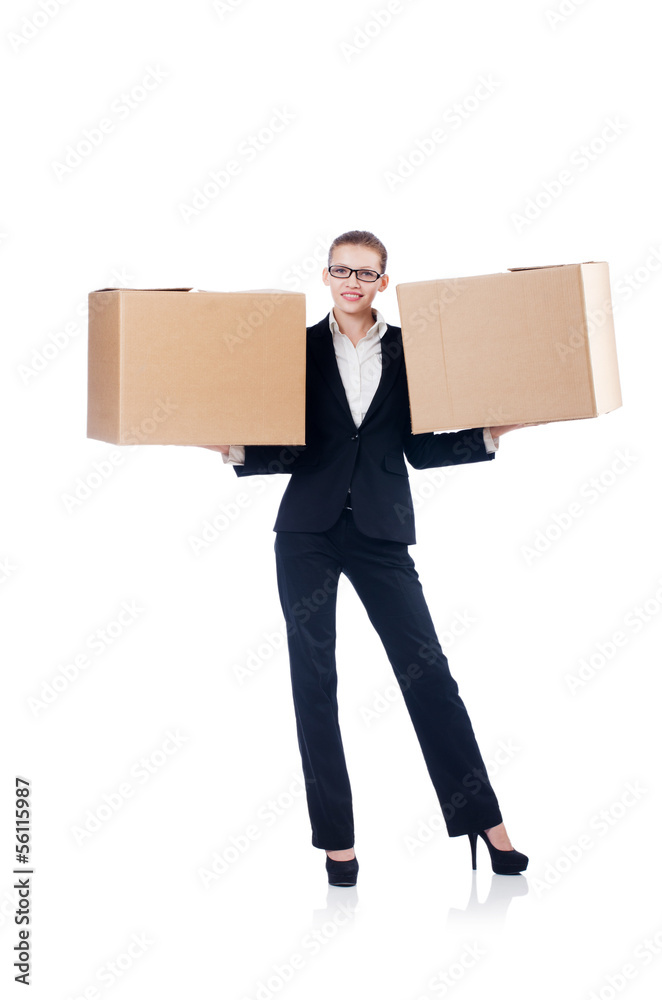 Woman businesswoman with boxes on white Woman businesswoman with boxes on white