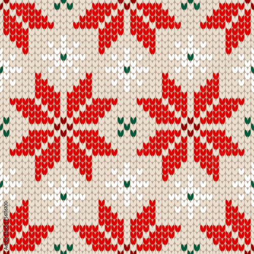 Seamless Pattern Knitted Poinsettia Red/Green/Beige