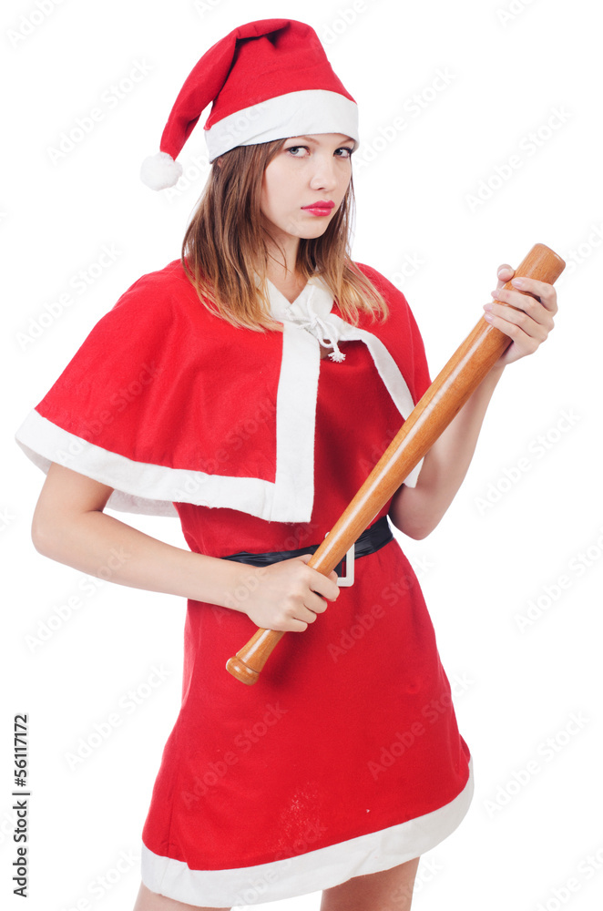 Young woman in red santa costume on white