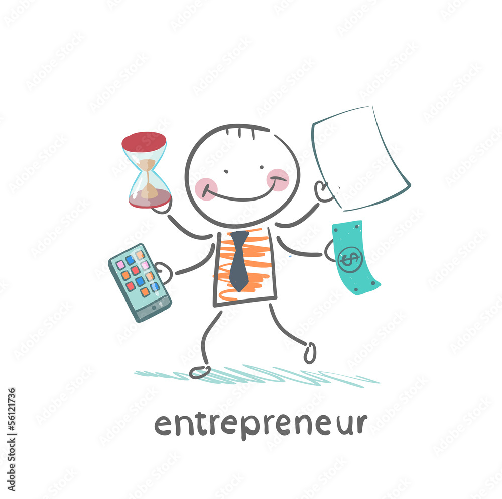 entrepreneur holding a calculator, money, hourglass, documents entrepreneur holding a calculator, money, hourglass, documents