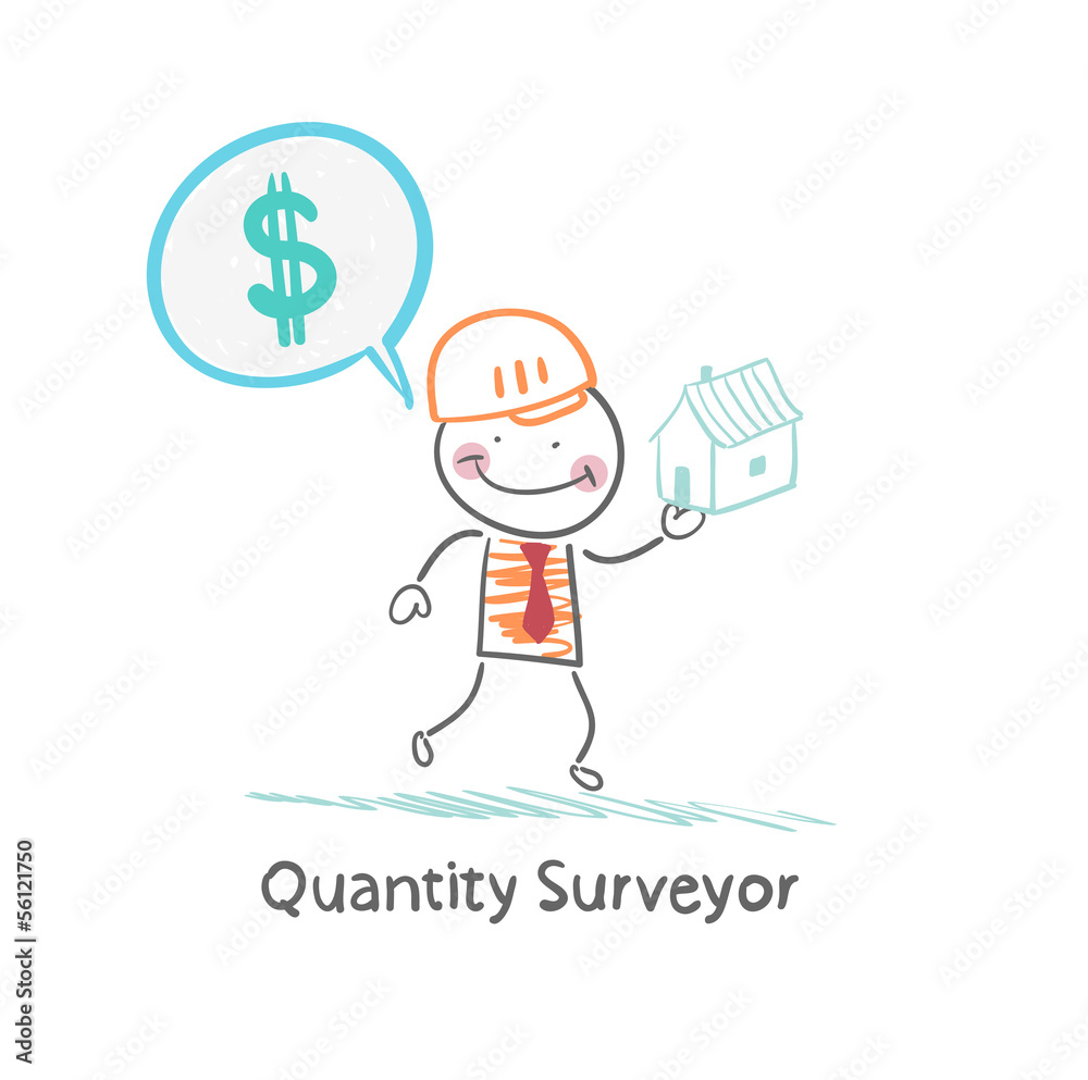 Quantity Surveyor holds a house and thinking about money Quantity Surveyor holds a house and thinking about money