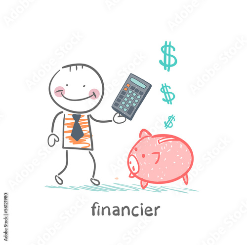 financier with a calculator and piglets piggy bank