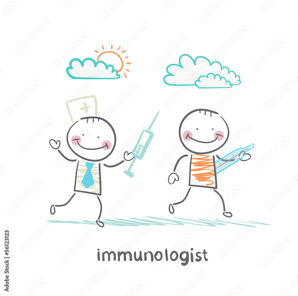 immunologist runs with a syringe for a patient with thermometer immunologist runs with a syringe for a patient with thermometer