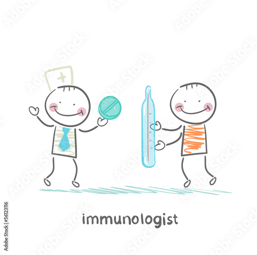 immunologist gives a pill to a patient with thermometer