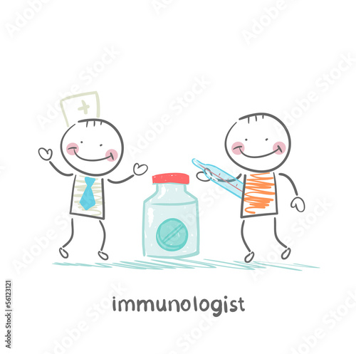 immunologist giving pills to a patient with thermometer