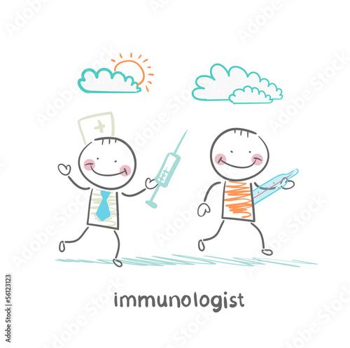immunologist runs with a syringe for a patient with thermometer