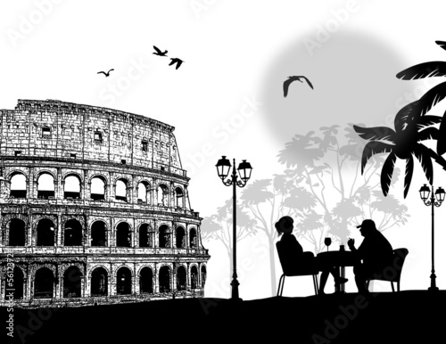 Couple silhouette in cafe  in front of Colosseum